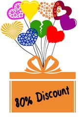 80 PERCENT DISCOUNT on gift box with multicoloured hearts