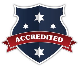 Blue shield and red ribbon with ACCREDITED text.