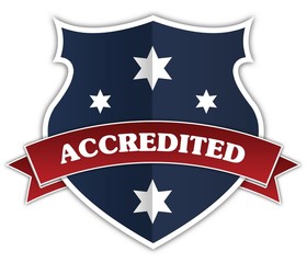 Blue shield and red ribbon with ACCREDITED text.