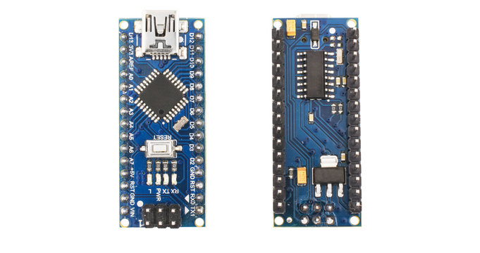 arduino NANO - Board for teaching electronics, programming and robotics. Two kinds - top and bottom on a white background isolated.
