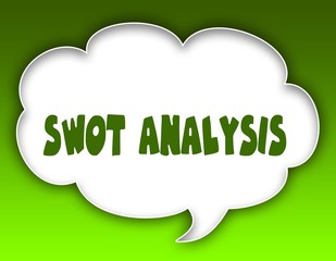 SWOT ANALYSIS message on speech cloud graphic. Green background.