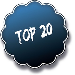 TOP 20 text written on blue round label badge.