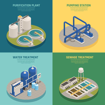 Wastewater Purification Isometric Icons Square