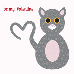Happy Valentines Day greeting card. Cute cat with a tail in the shape of a heart
