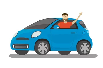 Foto auf Acrylglas Cartoon-Autos Kaukasischer Mann der glücklichen Karikatur fährt im blauen Auto