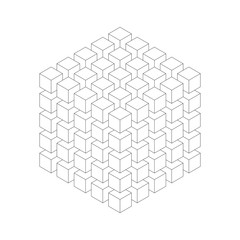 Geometric cube of smaller isometric cubes. Abstract design element. Science or construction concept. Black outline 3D vector object.