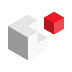 Solution design element concept. Block of 3D cubes with last red piece outside. Vector illustration.