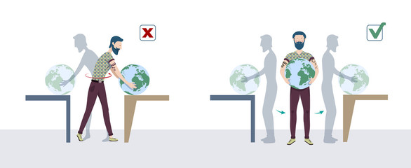 Illustrazione vettoriale della movimentazione manuale dei carichi. Un uomo solleva un carico pesante in modo corretto e scorretto per la sua schiena.
