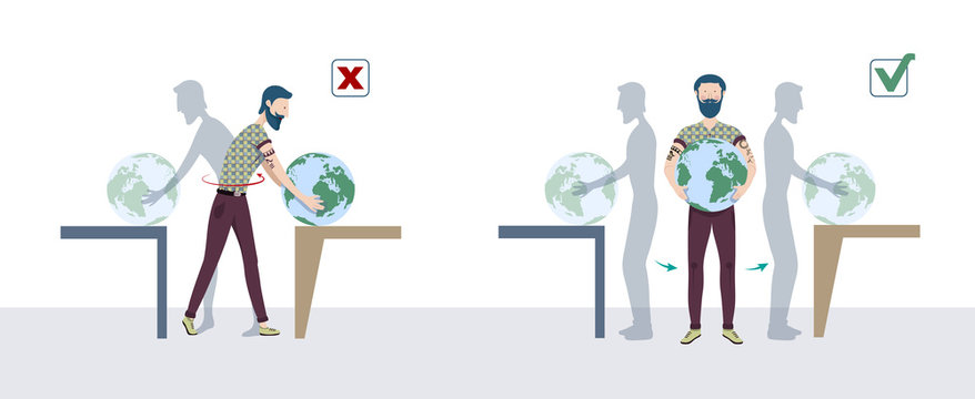 Illustrazione vettoriale della movimentazione manuale dei carichi. Un uomo solleva un carico pesante in modo corretto e scorretto per la sua schiena.
