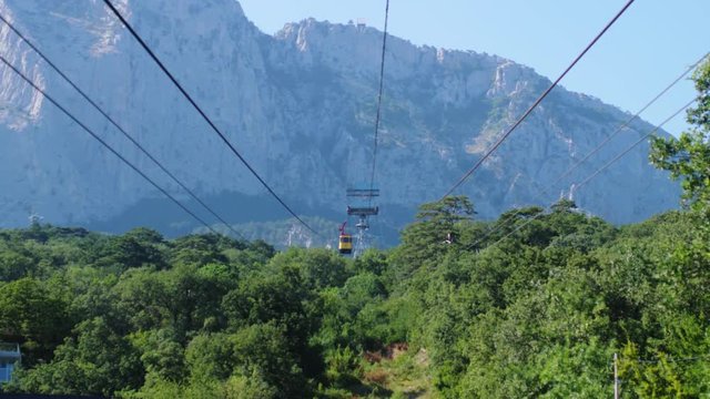 Yellow funicular railcar train in beautiful mountains. 3840x2160, 4k