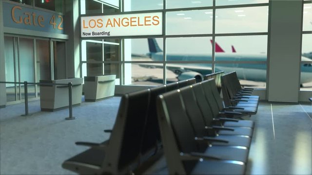 Los Angeles flight boarding now in the airport terminal. Travelling to the United States conceptual intro animation