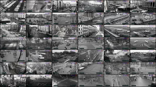 Big CCTV split screen, surveillance camera monitoring
