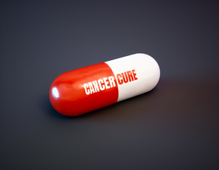 Cancer cure drug concept. Red pill with text on black background. 3d illustration.