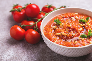 Indian Tomato Rasam with lentil, mint, cilantro and cashew