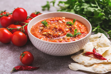 Indian Tomato Rasam with lentil, mint, cilantro and cashew