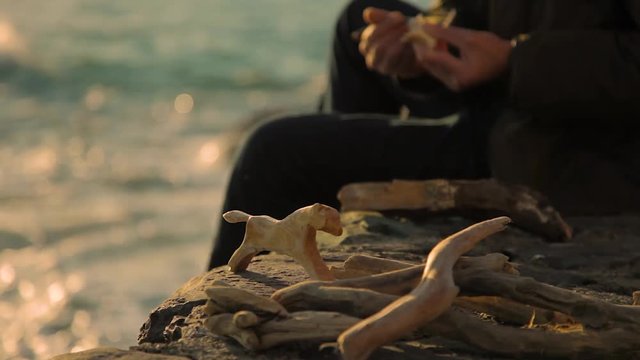 old man carving wood sculptures at seaside during sunset