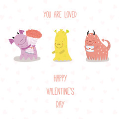 Hand drawn vector illustration of cute funny cartoon alien monsters, with romantic quote. Isolated objects on white background. Flat style. Design concept for children, Valentines day.