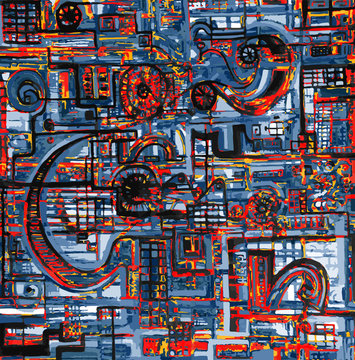 Rouages fictifs compos&eacute;s de formes arrondies et droites entrem&ecirc;l&eacute;es en nuances de bleu de rouge