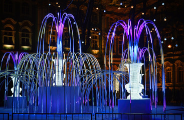 Christmas illuminations - the fountain in the street of St. Petersburg.
