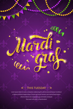 Mardi gras logo with golden hand written lettering, beads, ribbons and stars on traditional purple background. Fat tuesday greeting card