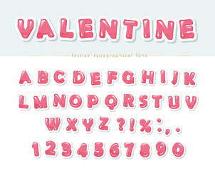 Paper cut out pink decorative font. Cartoon ABC letters and numbers. Perfect for Valentine s day cards, cute design for girls.