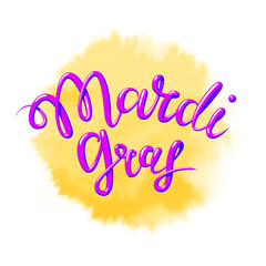 Calligraphy with the pink phrase Mardi Gras on yellow watercolor sun. Hand drawn lettering. Vector illustration, isolated on white background.