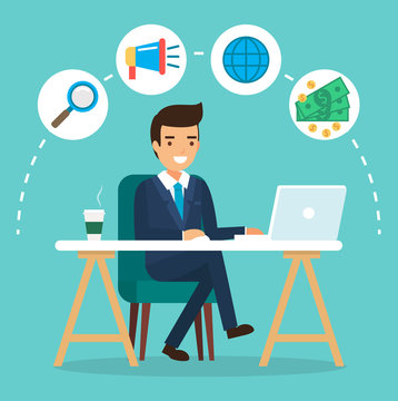 Happy businessman character in flat style, man wearing suit sitting at the computer and working. Vector illustration template