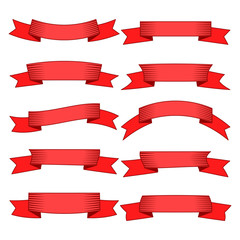 Set of ten red ribbons and banners for web design. Great design element isolated on white background. Vector illustration.

