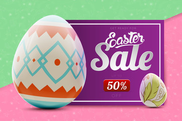 Easter sale advertising banner background with decorated egg and red ribbon realistic vector illustration