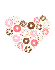 Vector heart of color donuts. Vector illustration of chocolate, glazed donuts. Pattern with glazed hearts. Food, pastry poster. Cafe wall design