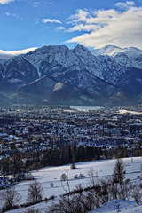 Beautiful sunny weather on a winter day in a mountain town