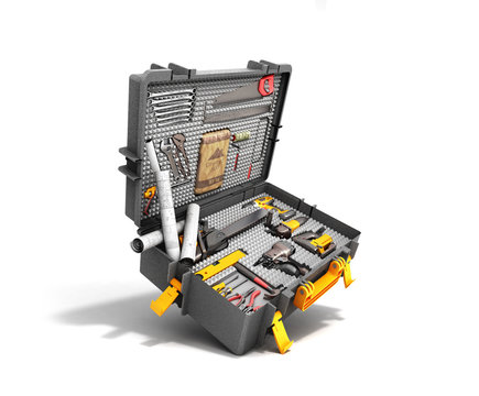 A set of tools in the case 3d render on white background