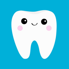 Healthy tooth icon. Smiling head face. Oral dental hygiene. Children teeth care. Cute cartoon character. Whitening concept. Blue background. Flat design