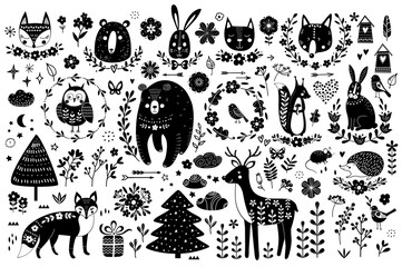 Obraz premium Vector set of cute animals: fox, bear, rabbit, squirrel, wolf, hedgehog, owl, deer, cat, mouse, birds. Collection of graphic elements: flowers, stars, clouds, arrows.