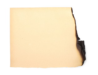 Burned old paper, cardboard isolated on white background, top view