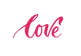 Banner lettering, love, pink background. Romantic inscription on St. Valentines Day. Handdrawn text on theme of feelings for print, postcards, posters. Vector illustration in emotion style
