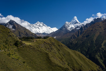 Everest, Lhotse, and Ama Dablam mountain peak in Himalaya range, Everest region, Nepal