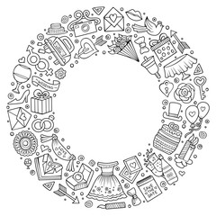 Set of Wedding cartoon doodle objects round frame