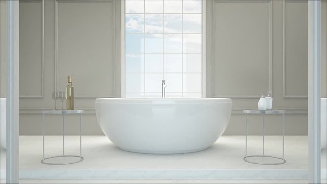 3D rendering. Luxury bathroom interior with bathtub, Dolling shot