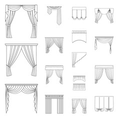 Different kinds of curtains outline icons in set collection for design. Curtains and lambrequins vector symbol stock web illustration. - obrazy, fototapety, plakaty