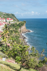 Basse Terre in Guadeloupe, panorama from Trois-Rivieres village, view of the cliffs 