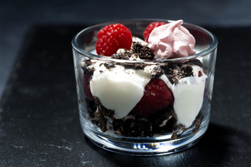 dessert with fresh raspberries, chocolate biscuits and cream on dark background, closeup