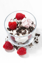 dessert with fresh raspberries, chocolate biscuits and cream, vertical closeup