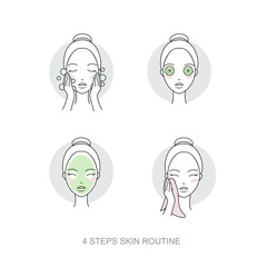 Woman skincare routine Icon collection. Steps how to remove face make-up. Vector isolated illustrations set.