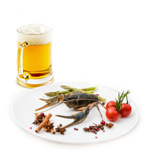 cancer on a plate, vegetables and beer in a glass