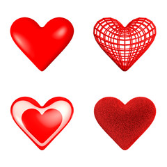 Four hearts: a glossy heart, a wireframe heart, a glass heart with a small heart inside, a furry heart.
