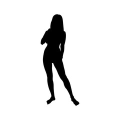 Icono plano silueta chica desnuda de pie negro en fondo blanco