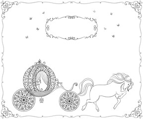 Vintage carriage with horse. Isolated object. Hand drawn vector illustration