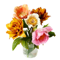 A bouquet of multicolored garden flowers in a vase isolated on a white background.