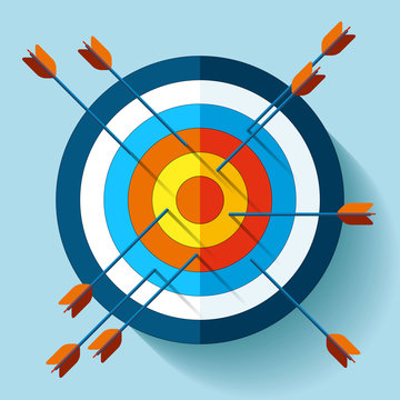 Target icon in flat style on color background. Many arrows are not in the center aim. Vector design element for you business projects
